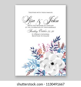 Floral wedding invitation card template Watercolor flowers peony white and blueanemone dahlia rose 