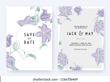 Floral wedding invitation card template design, purple clematis flowers and leaves on white with circle frame, pastel vintage theme