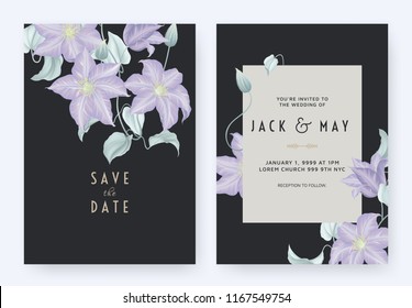 Floral wedding invitation card template design, purple clematis flowers and leaves on dark blue, pastel vintage theme