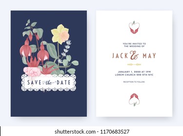 Floral wedding invitation card template design, Fuchsia icy pink flowers with leaves on dark blue with lace badge, pastel vintage theme