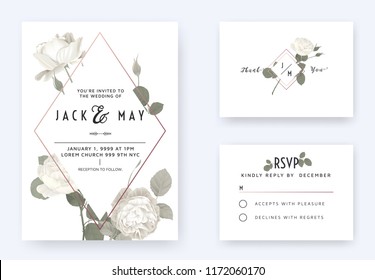 Floral Wedding Invitation Card Template Design, White Rose Flowers With Diamond Frame On White, Pastel Vintage Theme