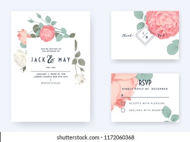 Floral wedding invitation card template design, pink and white rose flowers with leaves on white, pastel vintage theme