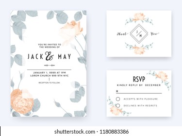 Floral wedding invitation card template design, orange rose flowers with leaves on white, pastel vintage theme Floral wedding invitation card template design, orange rose flowers with leaves on white, pastel vintage theme