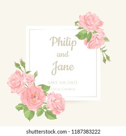 Floral wedding invitation card template design, bouquets of  rose and leaves with rectangle frame on white background, vintage style. 