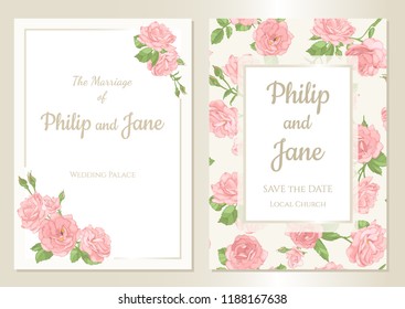 Floral wedding invitation card template design, bouquets of  rose and leaves with rectangle frame on white background, card for valentine's day, mother's day, vintage style. 