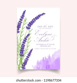 Floral Wedding Invitation Card Template Design With Lavender Flowers.