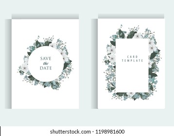 Floral wedding invitation card template design, bouquets of white and blue flowers and leaves with circle and rectangle frames on white background, vintage style