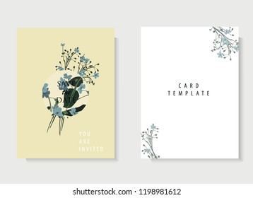 Floral wedding invitation card template design, bouquets of white and blue flowers and leaves with circle and rectangle frames on white and beige background, vintage style