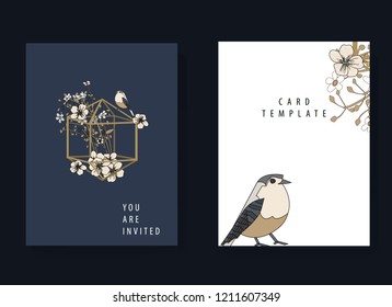Floral wedding invitation card template design, bouquets of white and blue flowers and bird with rectangle frames on white and blue background, vintage style