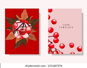 Floral wedding invitation card template design, bouquets of red viburnum and green leaves with circle and rectangle frames on pink and red background, vintage style