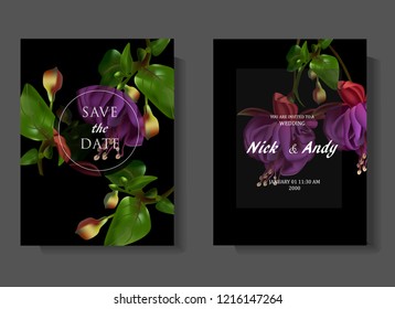 Floral wedding invitation card template design, bouquets of purple beautiful tropical flowers, and green leaves with rectangle and circle frames on black  background, vintage style
