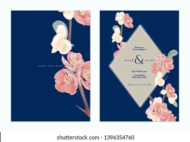 Floral wedding invitation card template design, pink Japanese quince flowers with brown frame on dark blue, pastel vintage theme