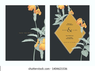 Floral wedding invitation card template design, yellow crossandra flowers with yellow frame on dark grey, pastel vintage theme