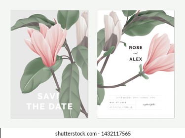 Floral wedding invitation card template design, pink Anise magnolia flowers on grey and white, pastel vintage theme