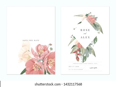 Floral wedding invitation card template design, pink Japanese quince flowers with various leaves on white, pastel vintage theme