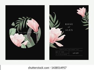 Floral wedding invitation card template design, pink Anise magnolia flowers and Indoor bamboo palm on dark grey, pastel vintage theme