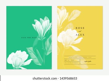 Floral wedding invitation card template design, Anise magnolia flowers with leaves on green and yellow, two tones color