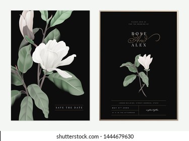 Floral wedding invitation card template design, white Anise magnolia flowers with leaves on dark grey, pastel vintage theme