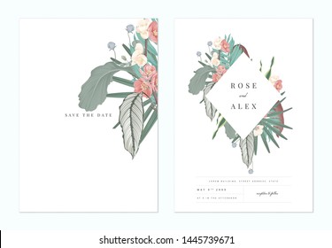 Floral wedding invitation card template design, pink Japanese quince flowers with various leaves on white, pastel vintage theme