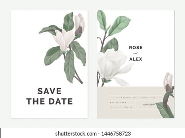 Floral wedding invitation card template design, white Anise magnolia flowers on white, pastel vintage theme