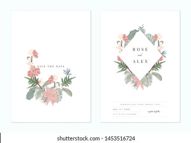 Floral wedding invitation card template design, pink Japanese quince flowers with various leaves on white, pastel vintage theme
