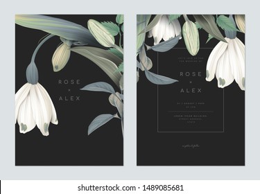 Floral wedding invitation card template design, snowdrop, tulip and leaves on dark grey