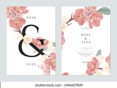 Floral wedding invitation card template design, pink Japanese quince flowers with ampersand lettering on white, pastel vintage theme