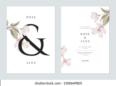 Diseño de plantillas de tarjetas de invitación a boda floral, flores sakura de Somei Yoshino con hojas con letras en blanco y en tonos pastel
