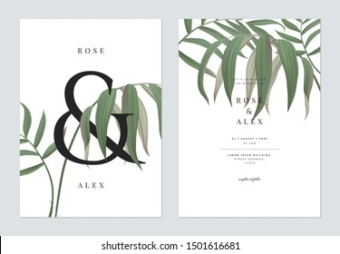 Floral wedding invitation card template design, indoor bamboo palm  leaves with ampersand lettering on white, pastel vintage theme