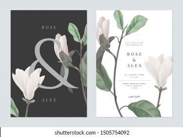 Floral wedding invitation card template design, white Anise magnolia flowers with ampersand lettering on dark grey, pastel vintage theme