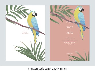 Floral wedding invitation card template design, blue-and-yellow macaw sitting on branch with indoor bamboo palm