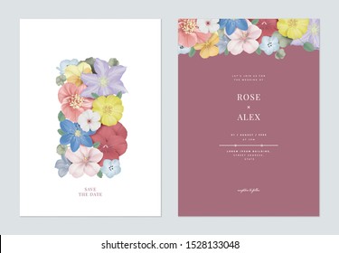 Floral wedding invitation card template design, various colorful flowers, pink tone