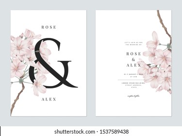 Floral wedding invitation card template design, Somei Yoshino sakura flowers with ampersand lettering on white, pastel vintage theme