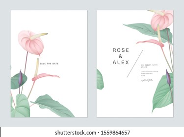 Floral wedding invitation card template design, pink Anthurium flowers with leaves on white