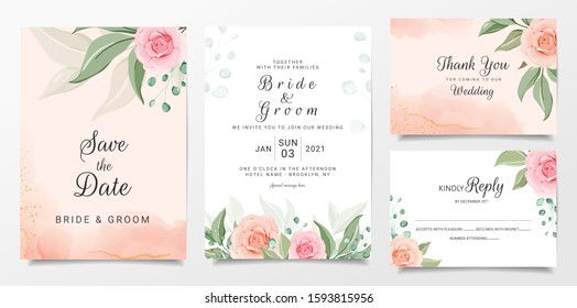 Floral wedding invitation card template set with peach and pink roses and leaves. Botanic illustration 