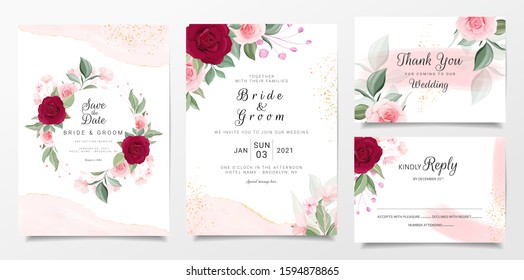 Floral wedding invitation card template set with burgundy and peach rose flowers and watercolor background. Cards with floral and glitter for save the date, invitation, greeting card vector