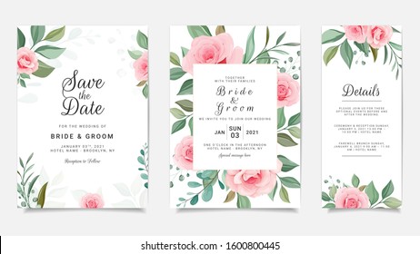 Floral wedding invitation card template set with flowers frame decoration. Peach roses botanic illustration for background, save the date, greeting, poster, cover vector