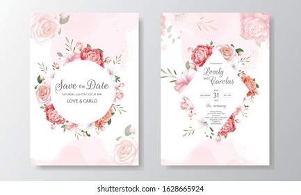 Floral wedding invitation card template set with beautiful flowers border 