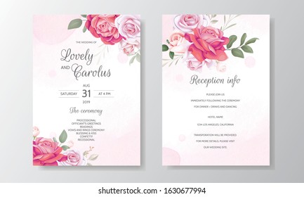 Floral wedding invitation card template set with beautiful flowers border