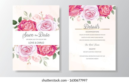 Floral wedding invitation card template set with beautiful flowers border