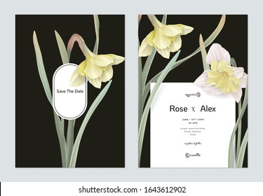 Floral wedding invitation card template design, daffodil flowers with leaves on dark grey