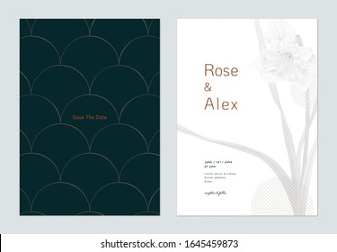 Floral wedding invitation card template design, pink magnolia flowers with leaves on bright blue and white