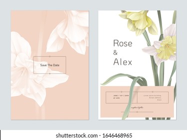 Floral wedding invitation card template design, daffodil flowers with leaves on bright red and white