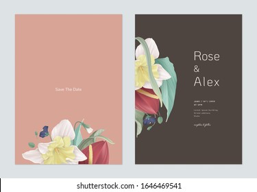 Floral wedding invitation card template design, various flowers and leaves on bright red and brown