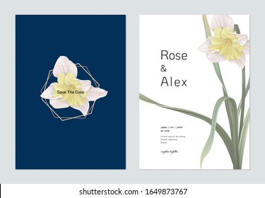 Floral wedding invitation card template design, daffodil flowers with leaves on blue and white