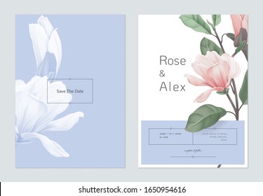 Floral wedding invitation card template design, pink magnolia flowers with leaves on bright blue and white