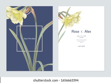 Floral wedding invitation card template design, daffodil flowers with leaves on blue and white