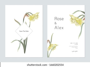 Floral wedding invitation card template design, daffodil flowers with leaves on white