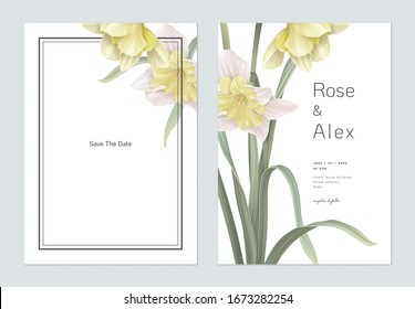 Floral wedding invitation card template design, daffodil flowers with leaves on white