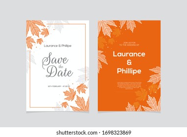 Floral wedding invitation card template design, flowers and leaves with on orange background, vintage style, autumn style